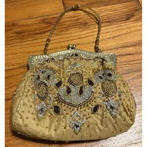 Vintage Gold Beaded Evening Bag Floral Design  Formal Embroidered Handbag